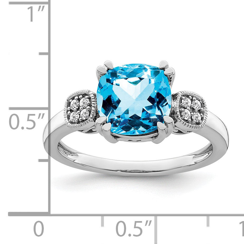 14k White Gold 8mm Cushion Blue Topaz and 1/20 carat Diamond Ring