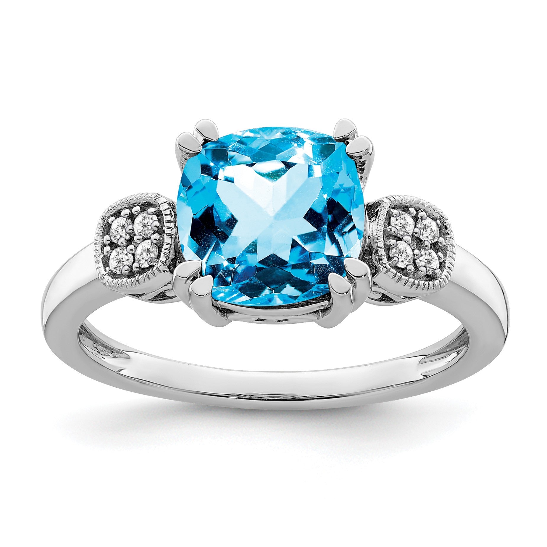 14k White Gold 8mm Cushion Blue Topaz and 1/20 carat Diamond Ring