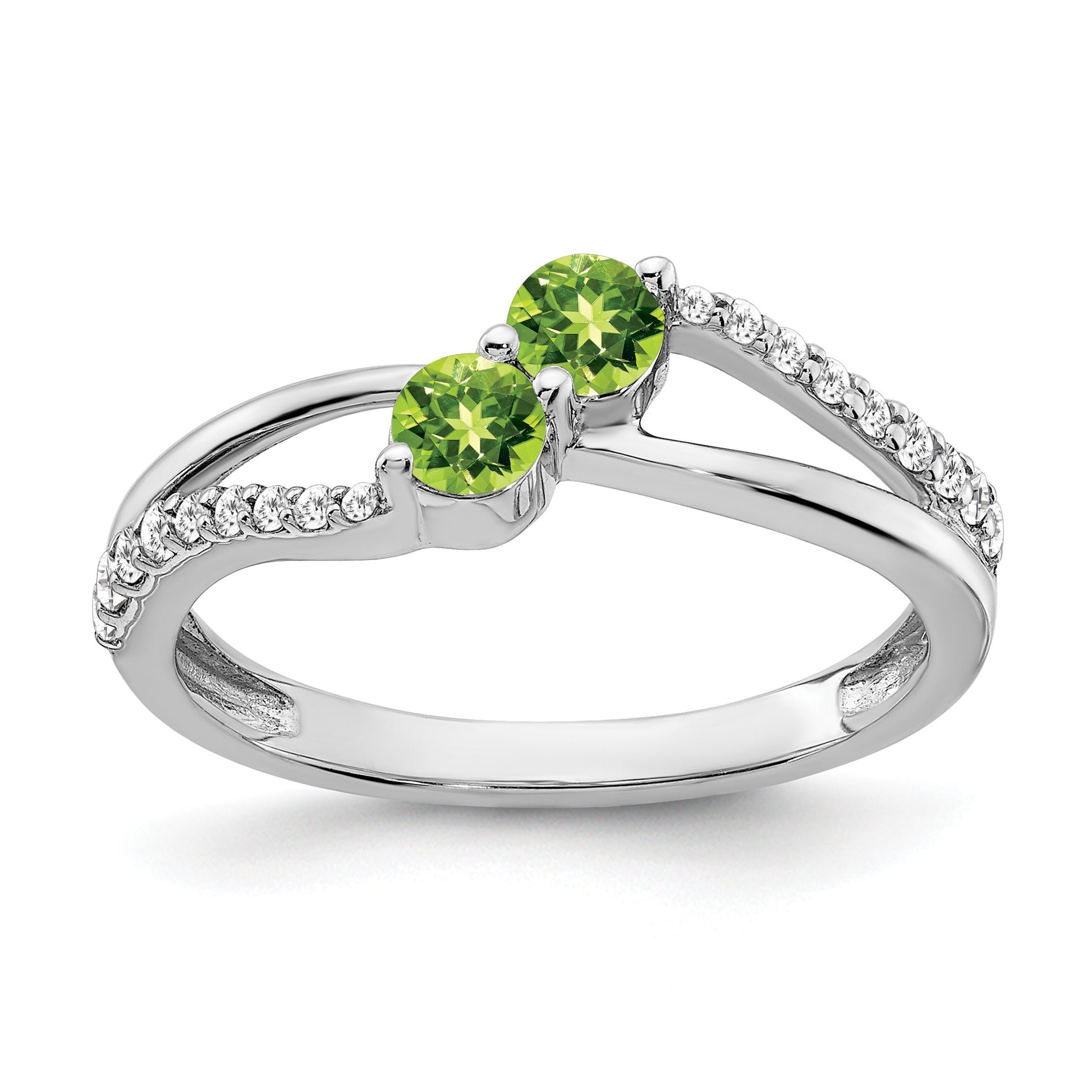 14k White Gold 3.5mm Round Peridot and 1/6 carat Diamond 2-stone Ring
