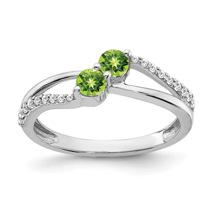 14k White Gold 3.5mm Round Peridot and 1/6 carat Diamond 2-stone Ring