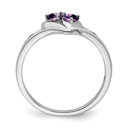 14k White Gold 3mm Heart Amethyst and Diamond 2-stone Ring