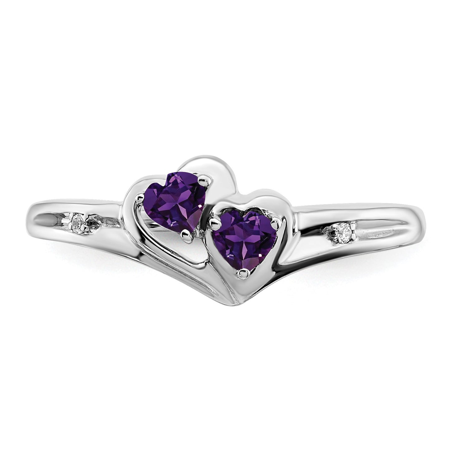 14k White Gold 3mm Heart Amethyst and Diamond 2-stone Ring
