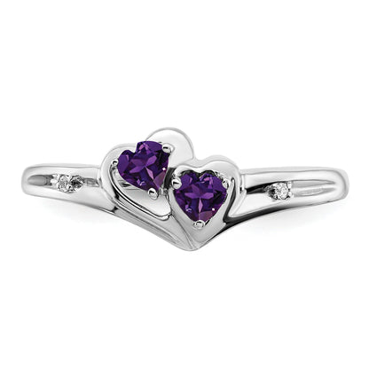 14k White Gold 3mm Heart Amethyst and Diamond 2-stone Ring