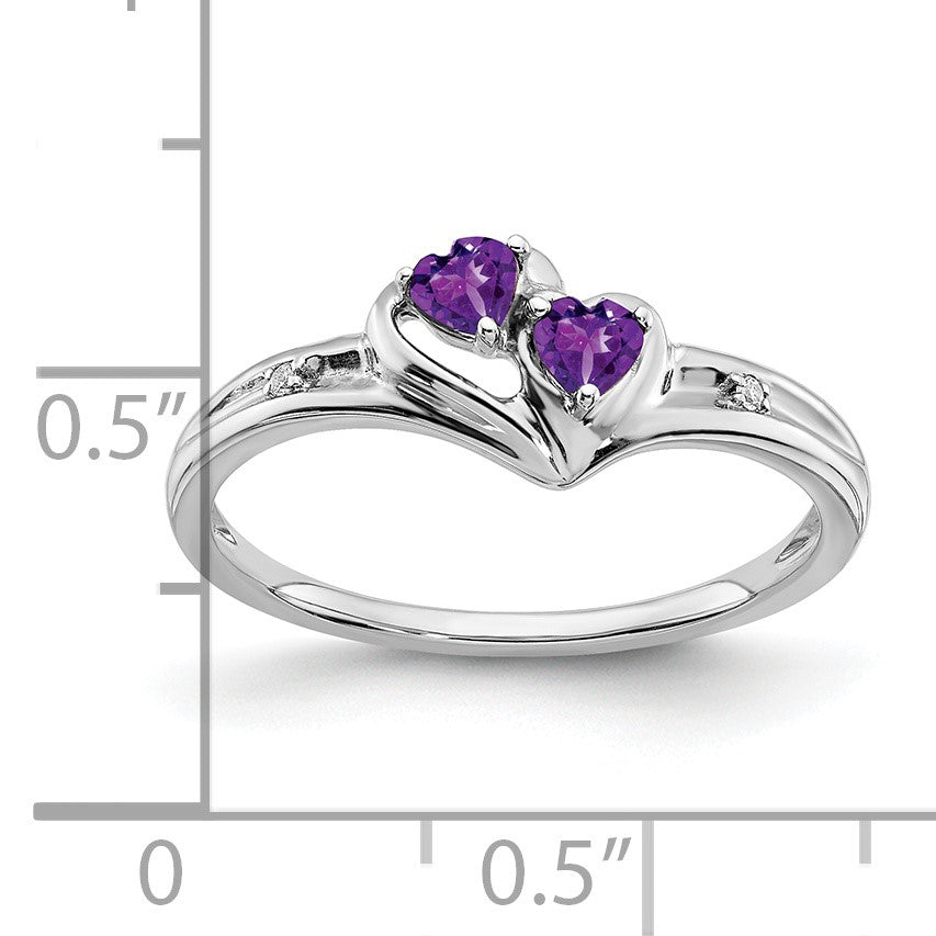 14k White Gold 3mm Heart Amethyst and Diamond 2-stone Ring