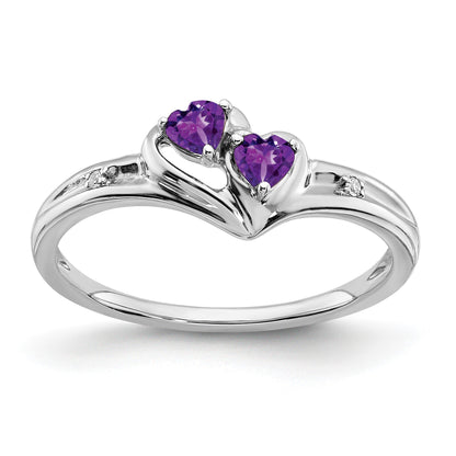 14k White Gold 3mm Heart Amethyst and Diamond 2-stone Ring
