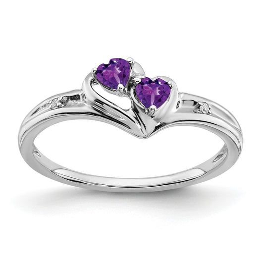 14k White Gold 3mm Heart Amethyst and Diamond 2-stone Ring