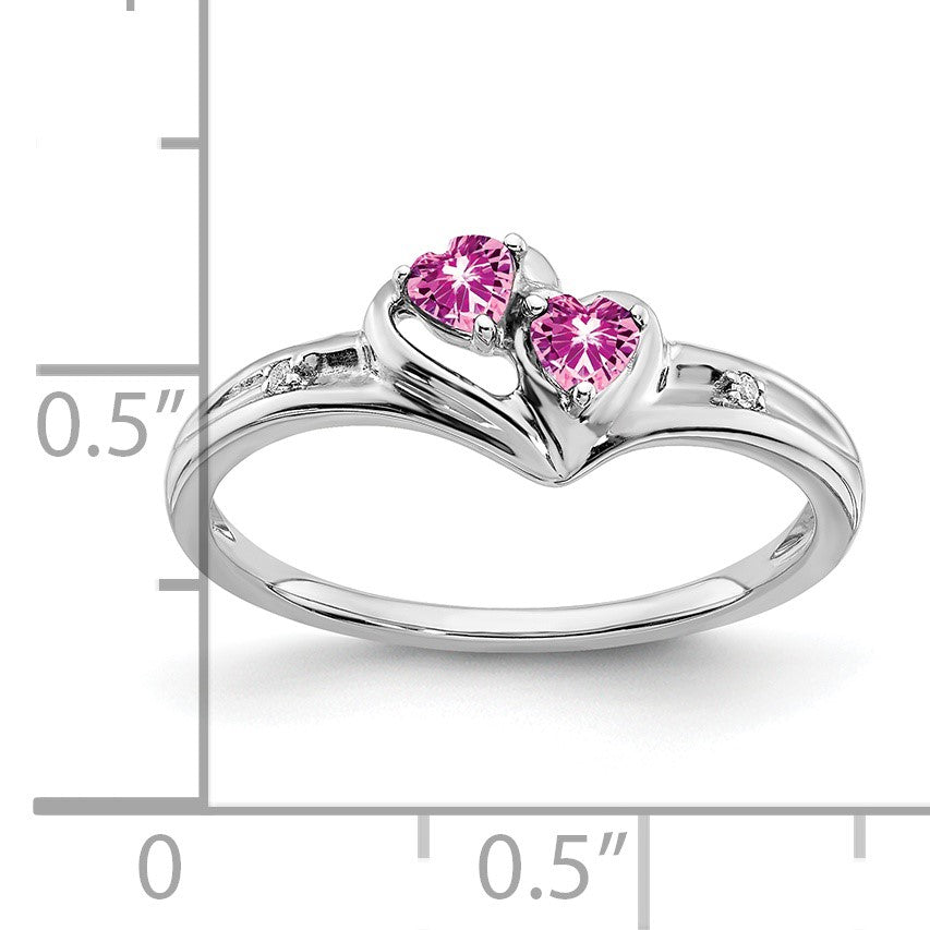 14k White Gold 3mm Heart Lab-Created Pink Sapphire and Diamond 2-stone Ring