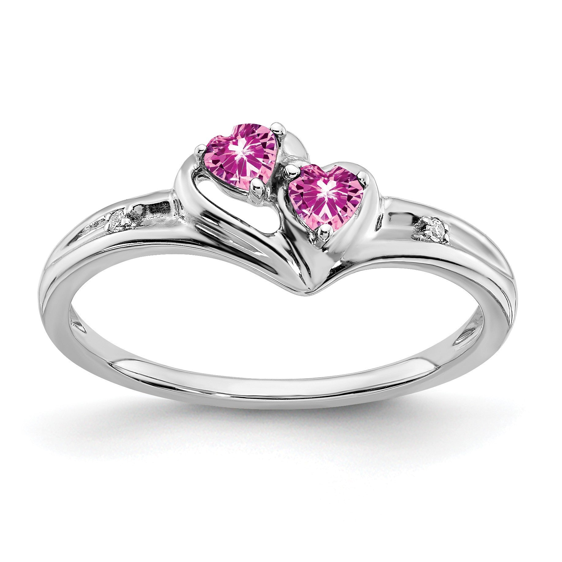 14k White Gold 3mm Heart Lab-Created Pink Sapphire and Diamond 2-stone Ring