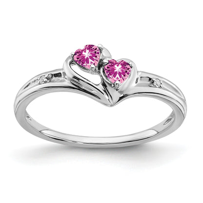 14k White Gold 3mm Heart Lab-Created Pink Sapphire and Diamond 2-stone Ring