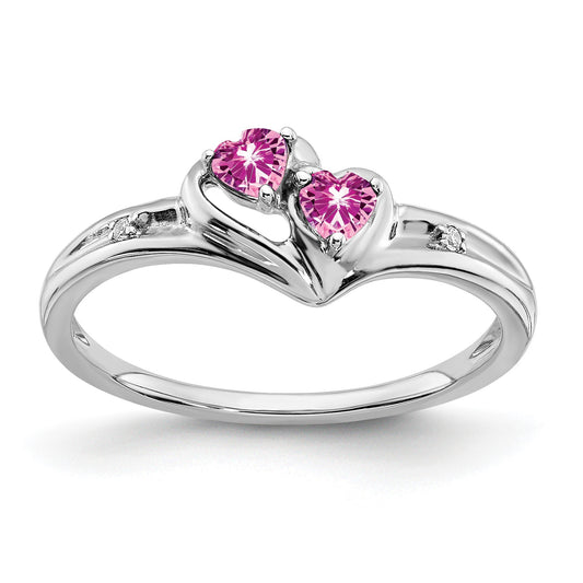 14k White Gold 3mm Heart Lab-Created Pink Sapphire and Diamond 2-stone Ring