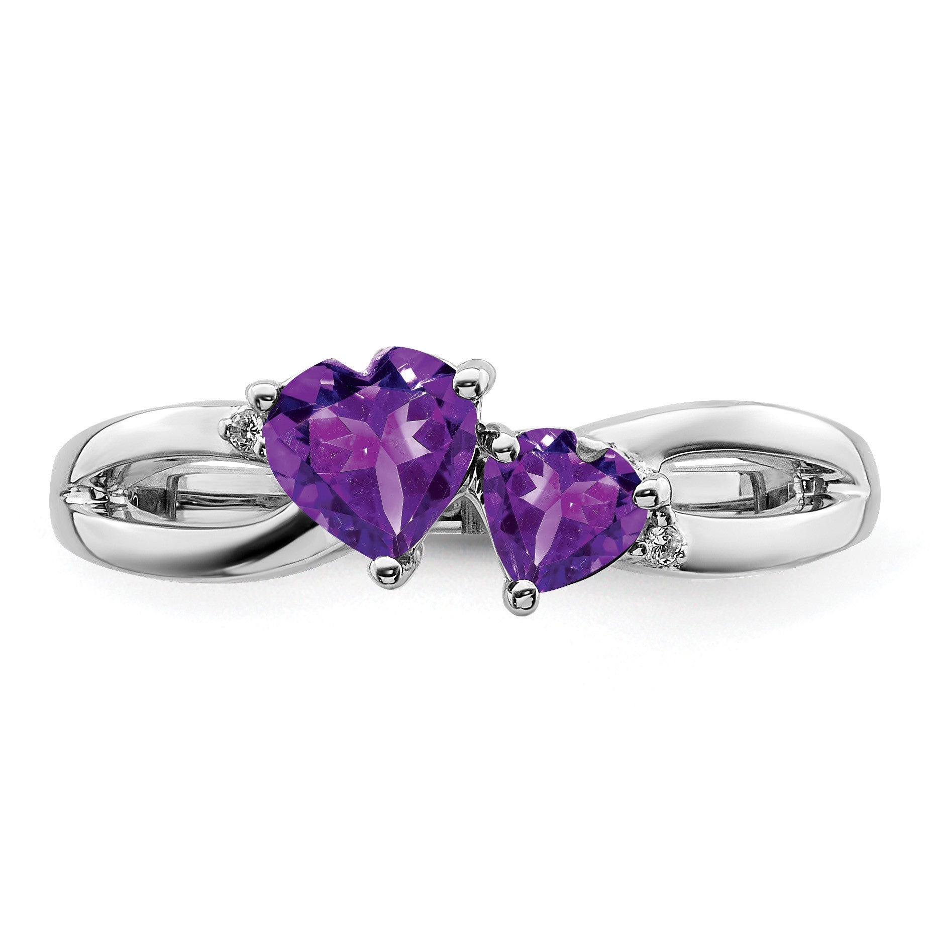 14k White Gold 5mm/4mm Heart Amethyst and Diamond 2-stone Ring