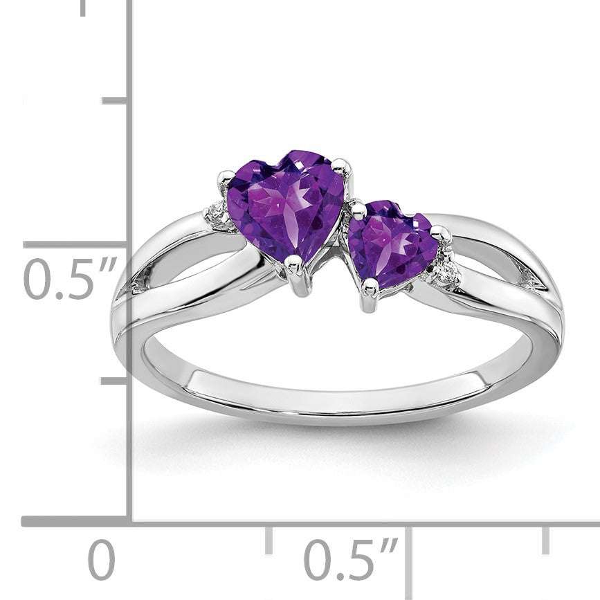 14k White Gold 5mm/4mm Heart Amethyst and Diamond 2-stone Ring