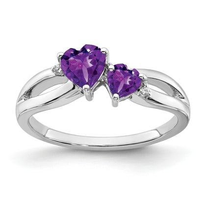 14k White Gold 5mm/4mm Heart Amethyst and Diamond 2-stone Ring