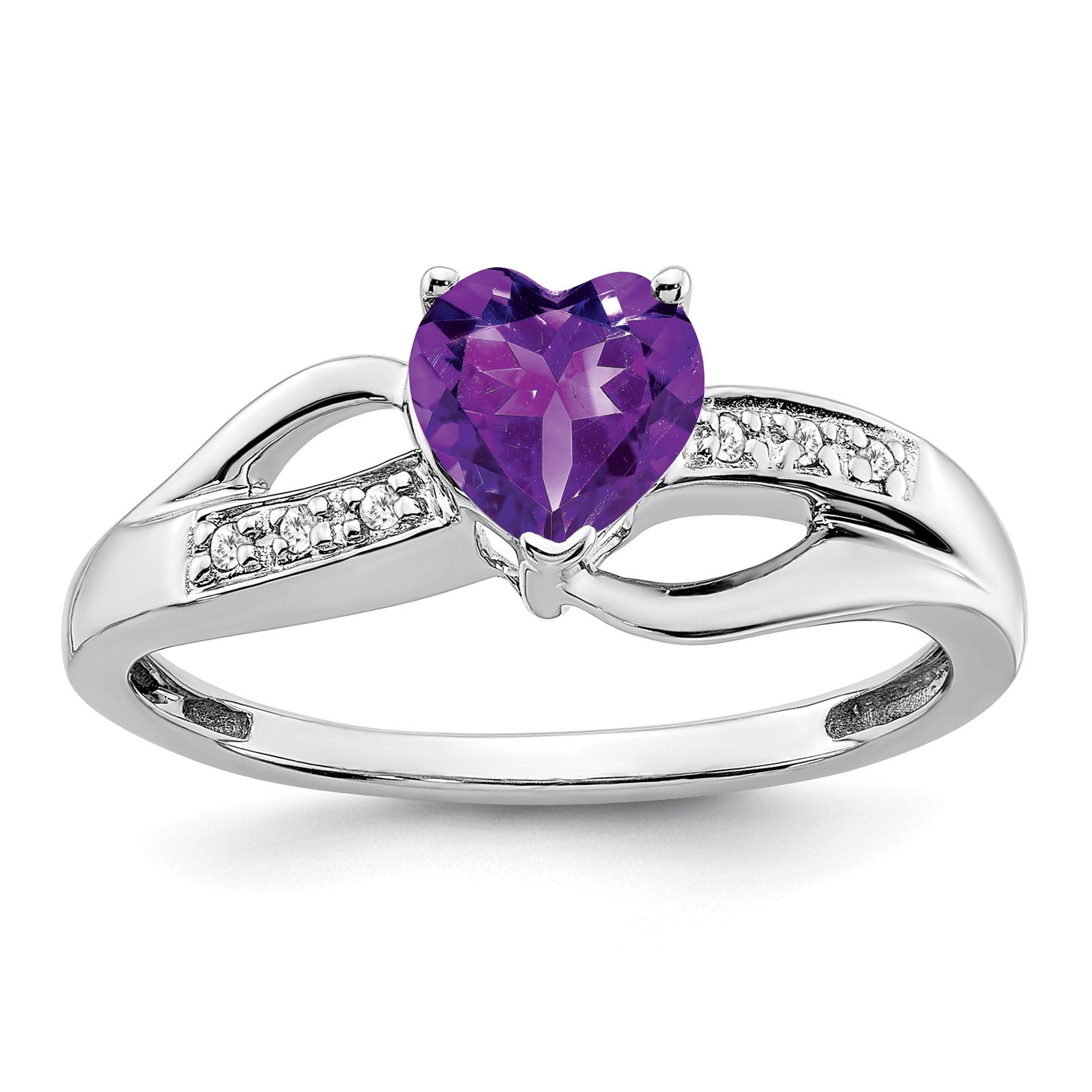 14k White Gold 6mm Heart Amethyst and Diamond Ring