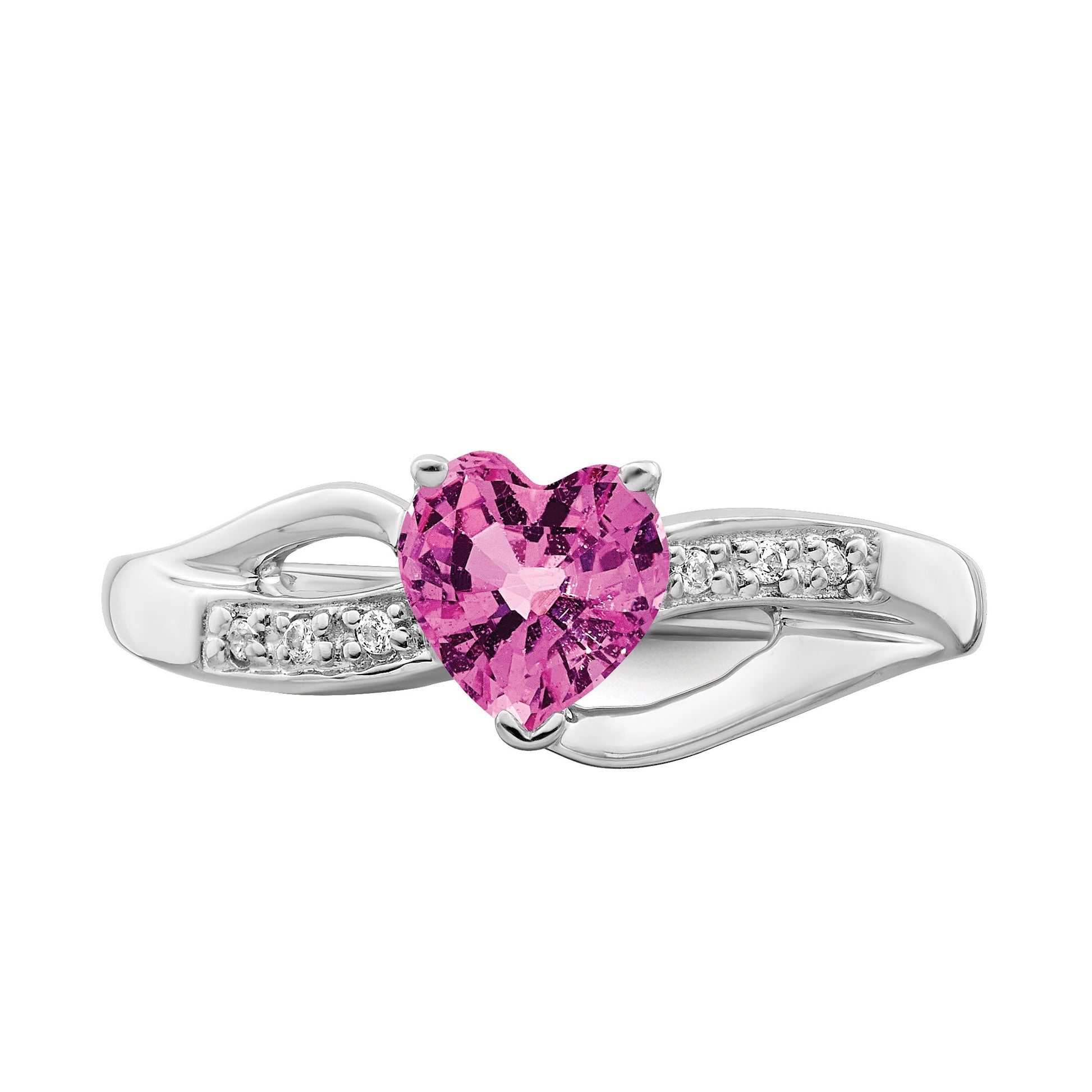 14k White Gold 6mm Heart Lab-Created Pink Sapphire and Diamond Ring