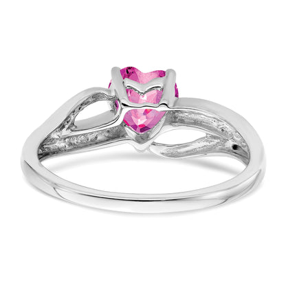14k White Gold 6mm Heart Lab-Created Pink Sapphire and Diamond Ring