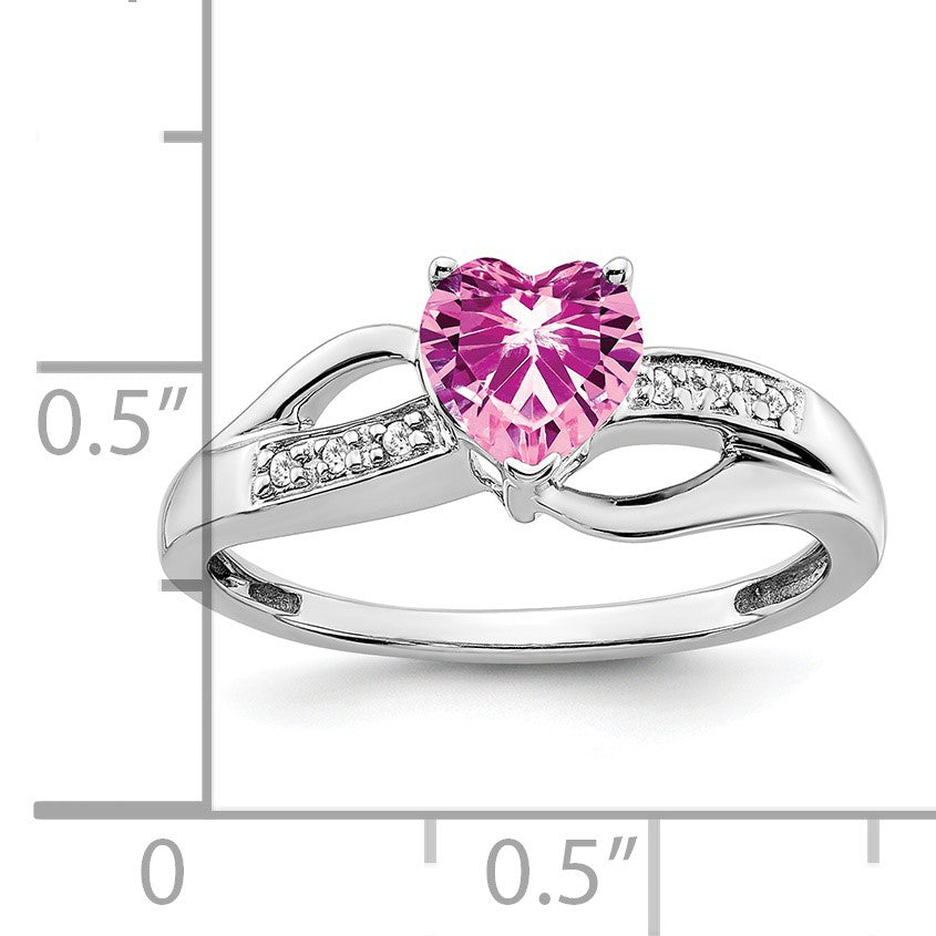 14k White Gold 6mm Heart Lab-Created Pink Sapphire and Diamond Ring