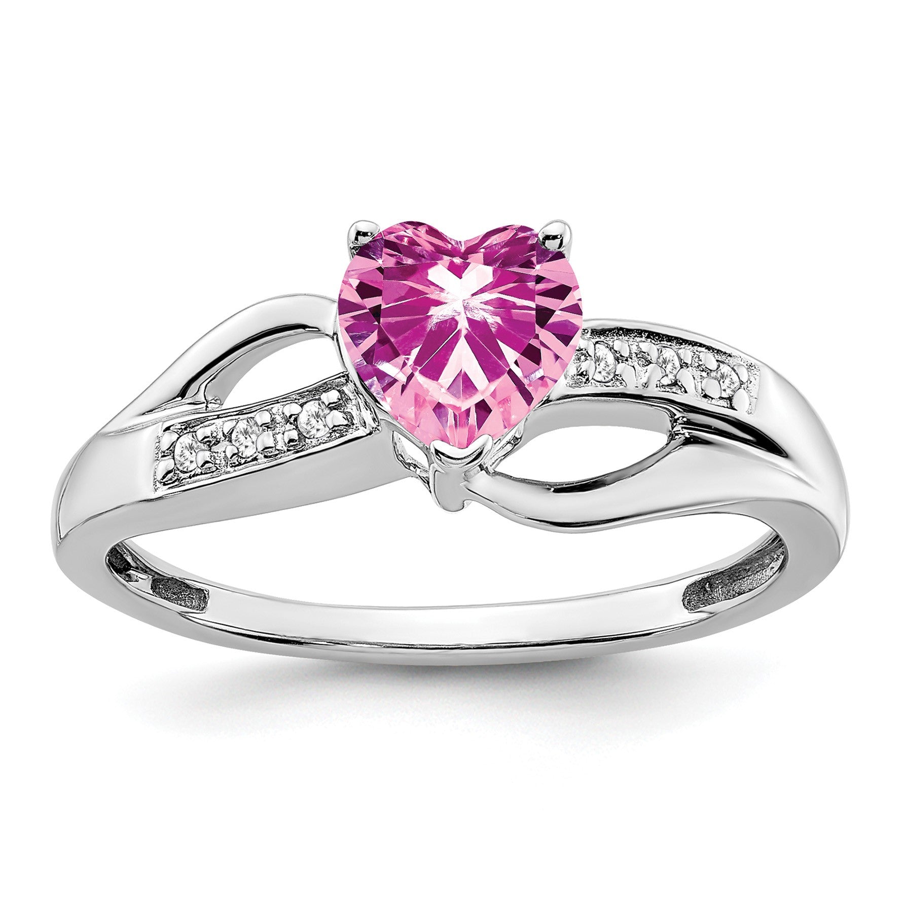 14k White Gold 6mm Heart Lab-Created Pink Sapphire and Diamond Ring