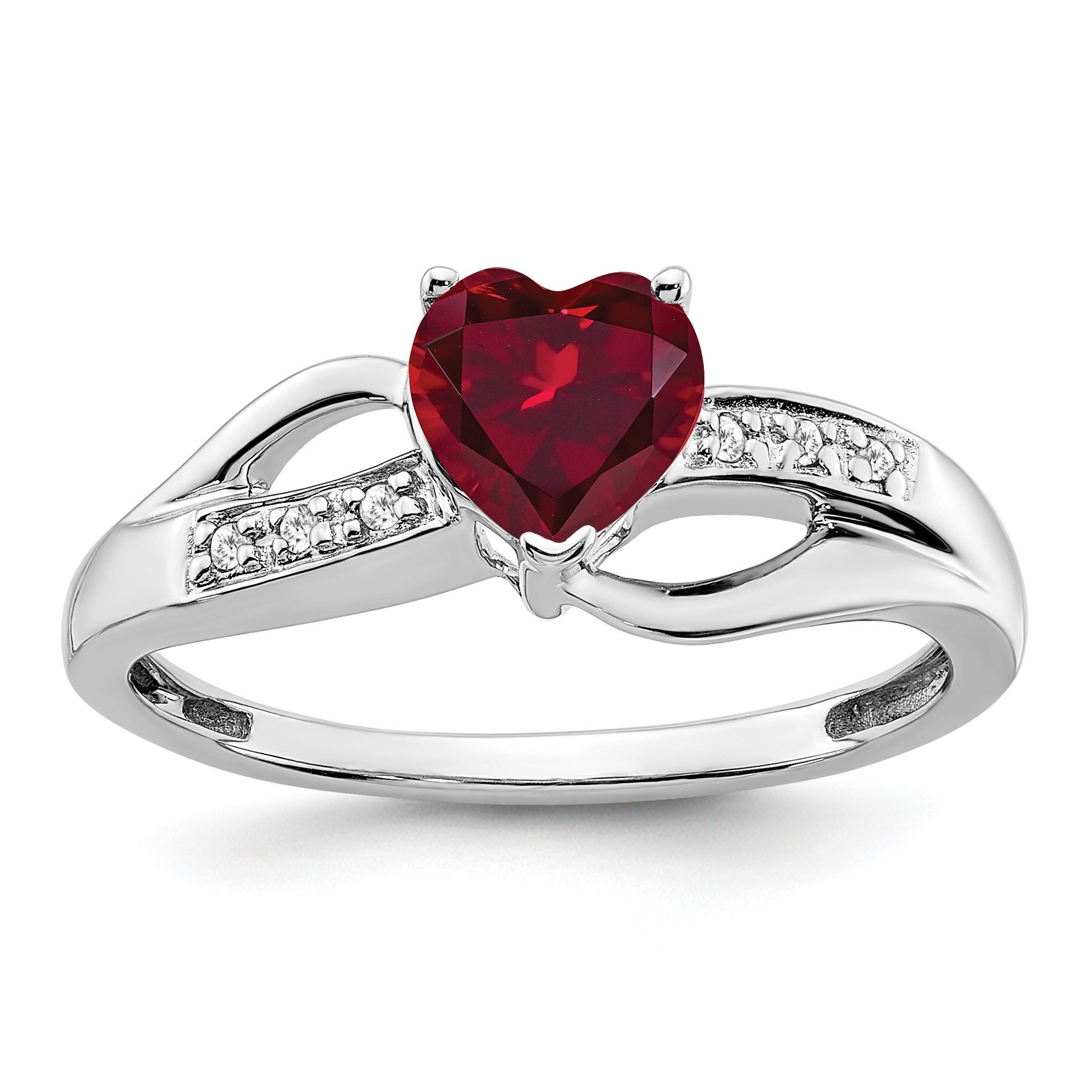 14k White Gold 6mm Heart Lab-Created Ruby and Diamond Ring