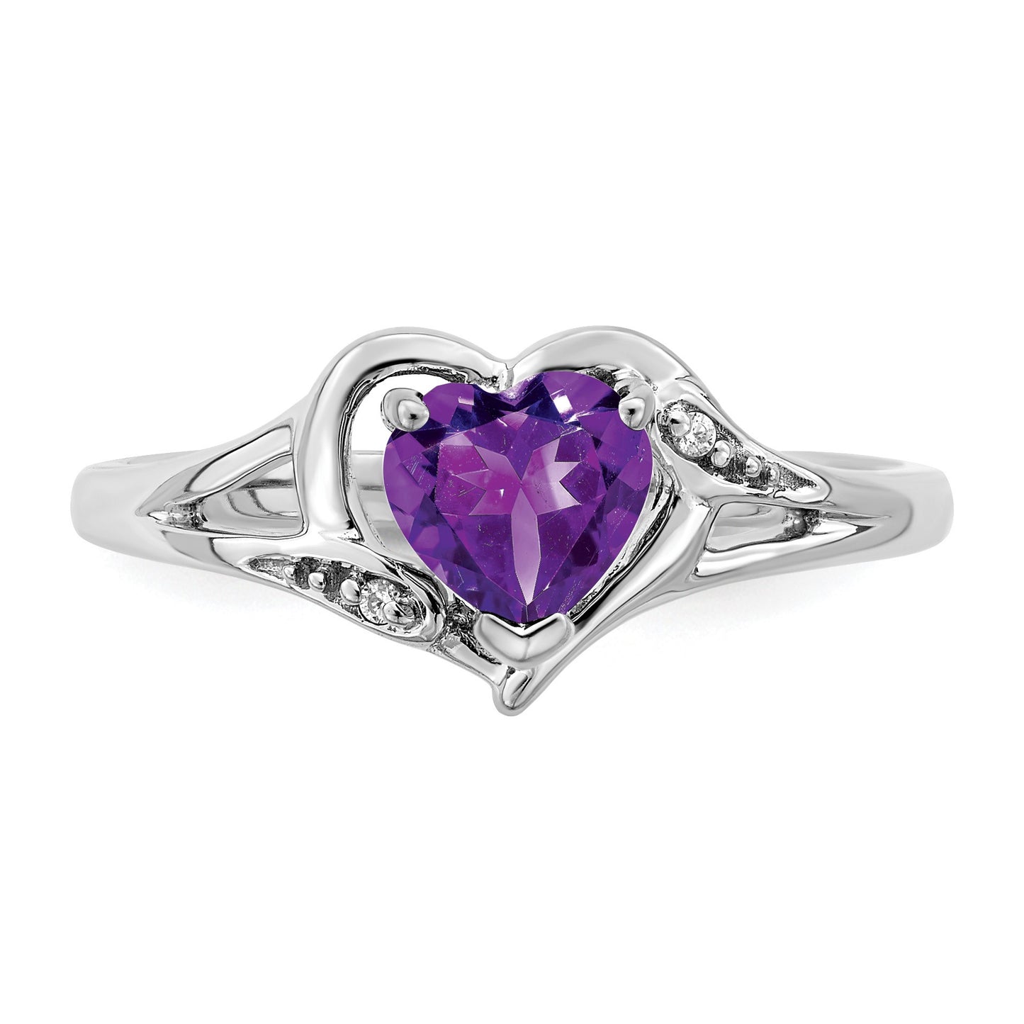 14k White Gold 6mm Heart Amethyst and Diamond Ring