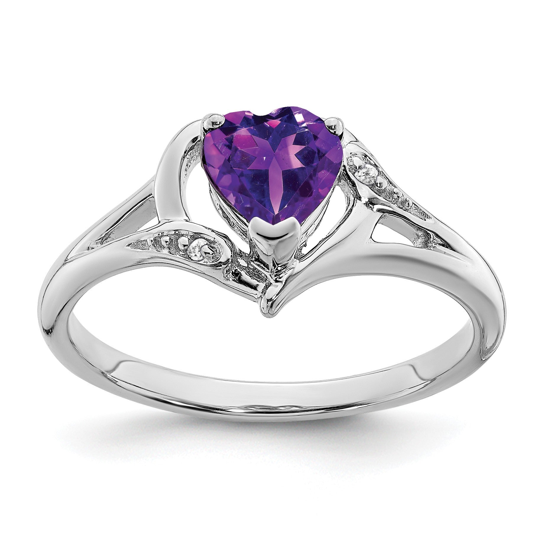 14k White Gold 6mm Heart Amethyst and Diamond Ring