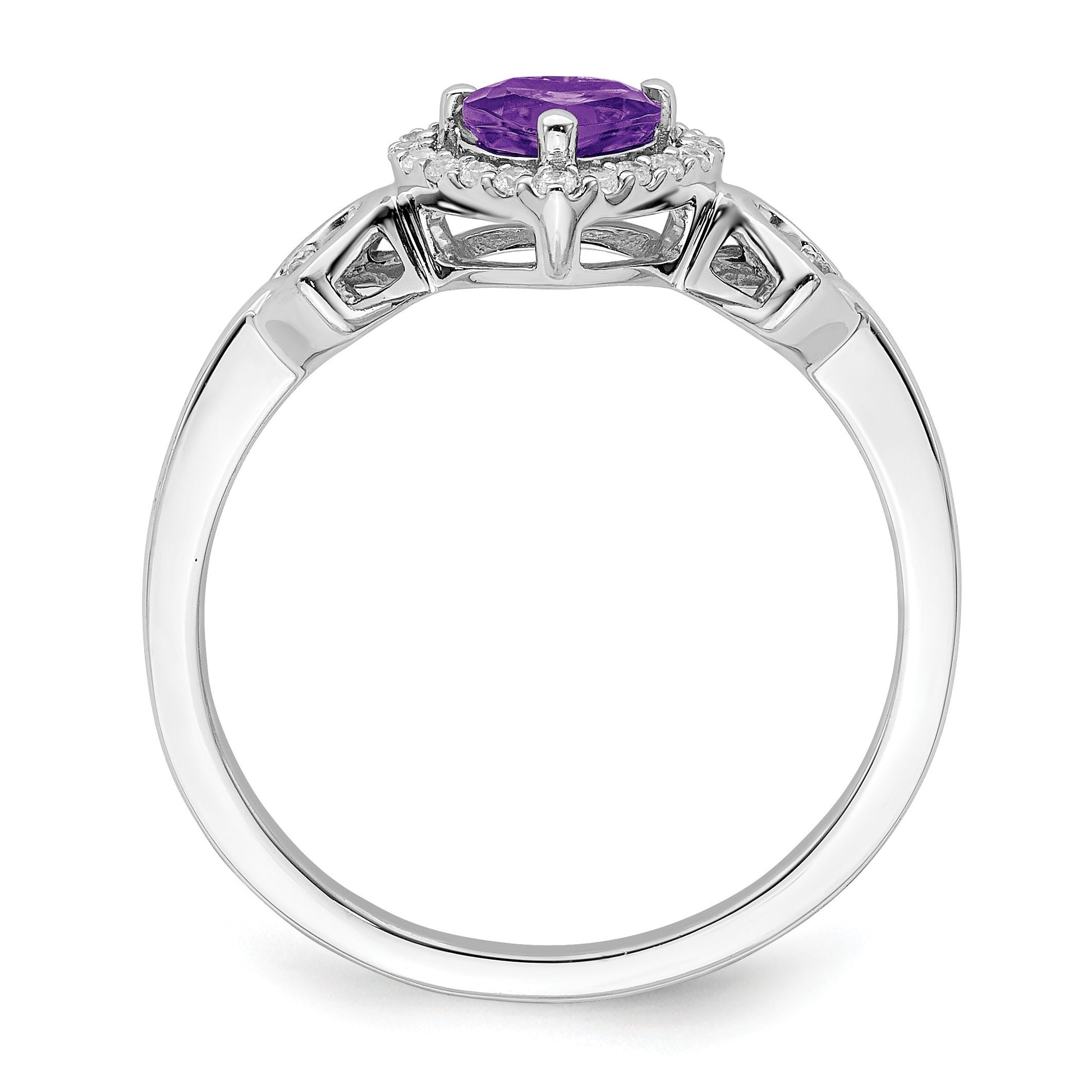 14k White Gold 5mm Heart Amethyst and 1/10 carat Diamond Halo Ring