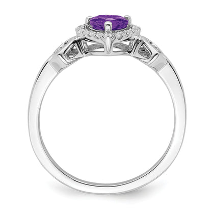14k White Gold 5mm Heart Amethyst and 1/10 carat Diamond Halo Ring