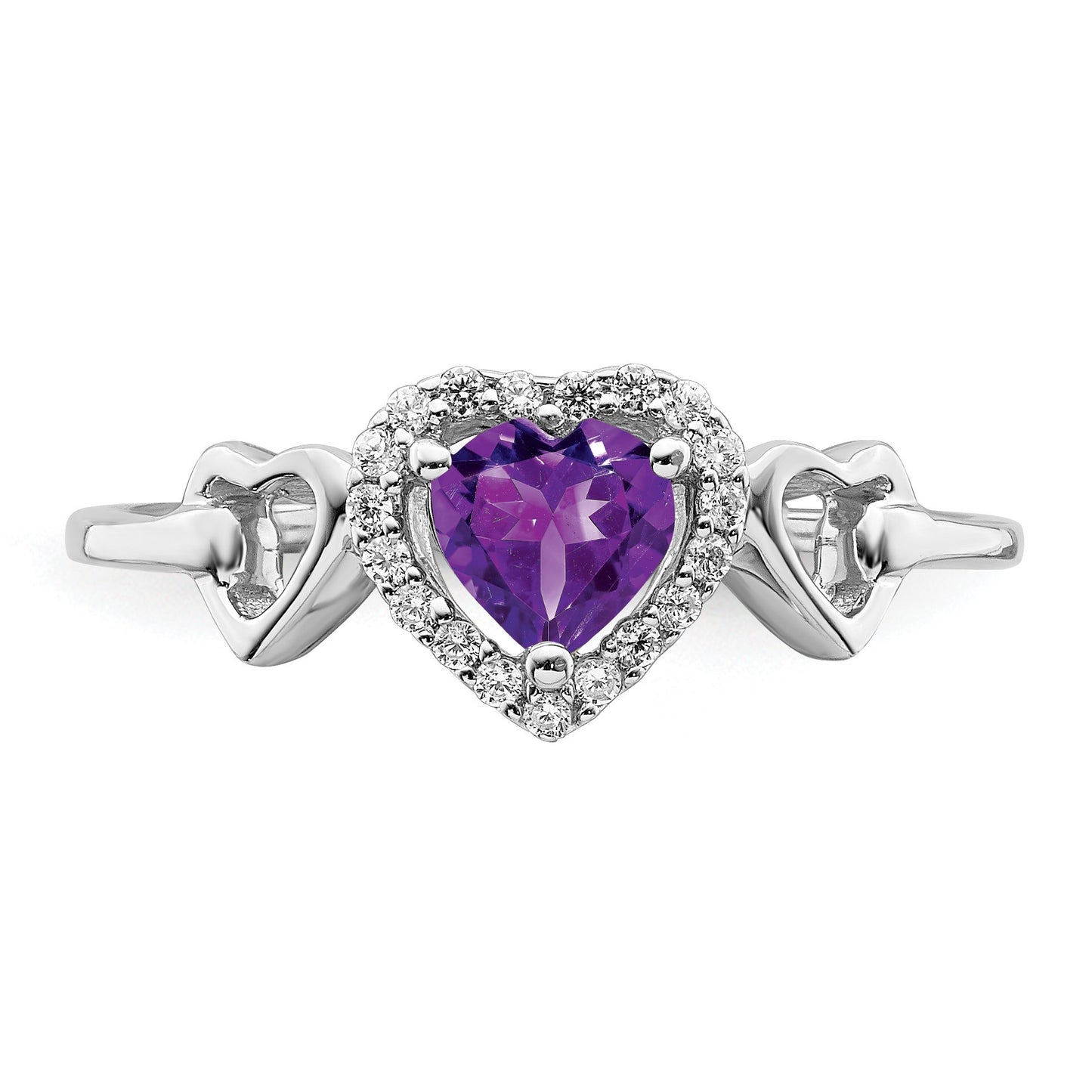 14k White Gold 5mm Heart Amethyst and 1/10 carat Diamond Halo Ring