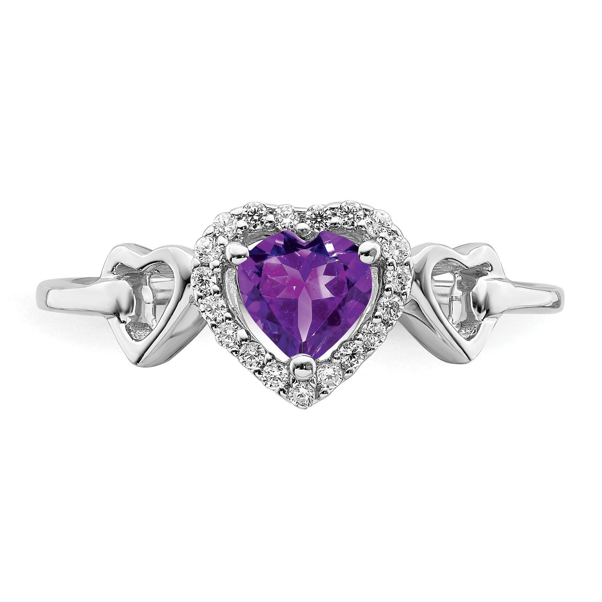 14k White Gold 5mm Heart Amethyst and 1/10 carat Diamond Halo Ring
