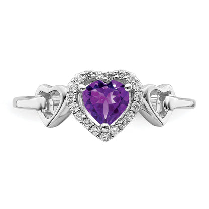 14k White Gold 5mm Heart Amethyst and 1/10 carat Diamond Halo Ring