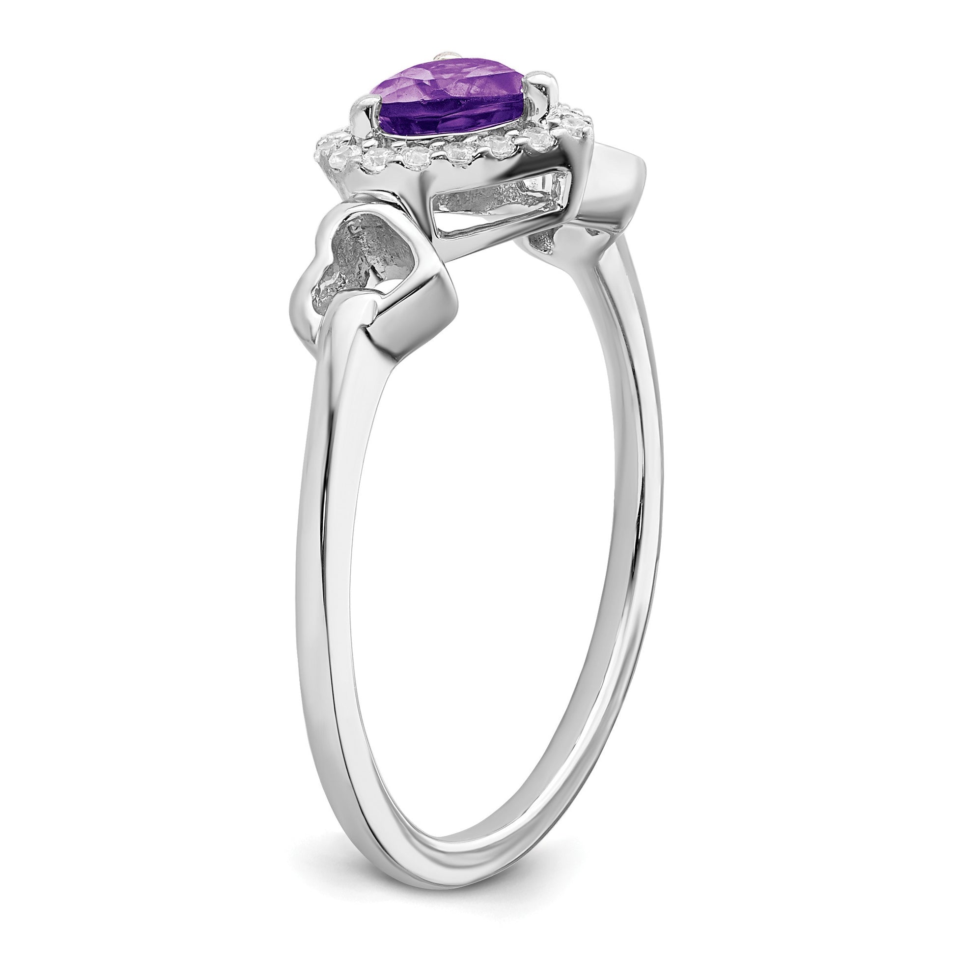 14k White Gold 5mm Heart Amethyst and 1/10 carat Diamond Halo Ring
