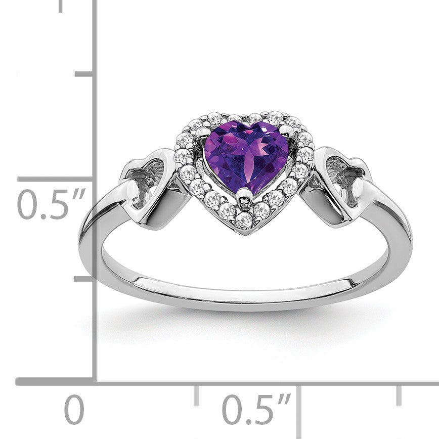 14k White Gold 5mm Heart Amethyst and 1/10 carat Diamond Halo Ring