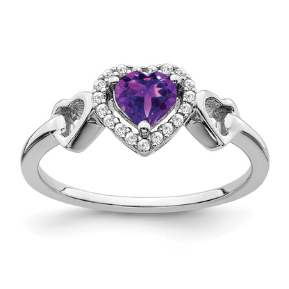 14k White Gold 5mm Heart Amethyst and 1/10 carat Diamond Halo Ring
