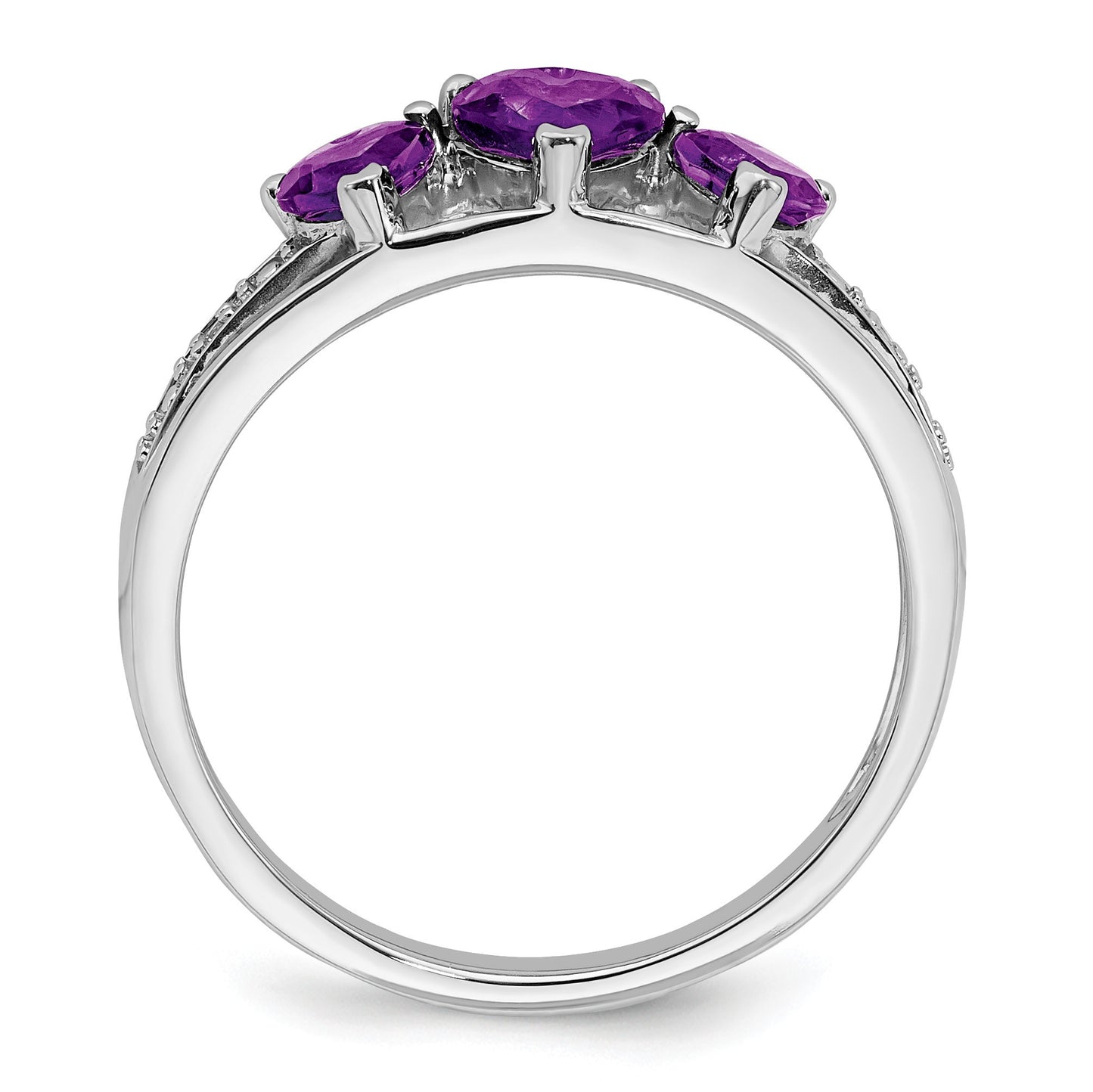 14k White Gold 5mm/4mm Heart Amethyst and Diamond 3-Stone Ring