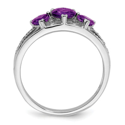 14k White Gold 5mm/4mm Heart Amethyst and Diamond 3-Stone Ring