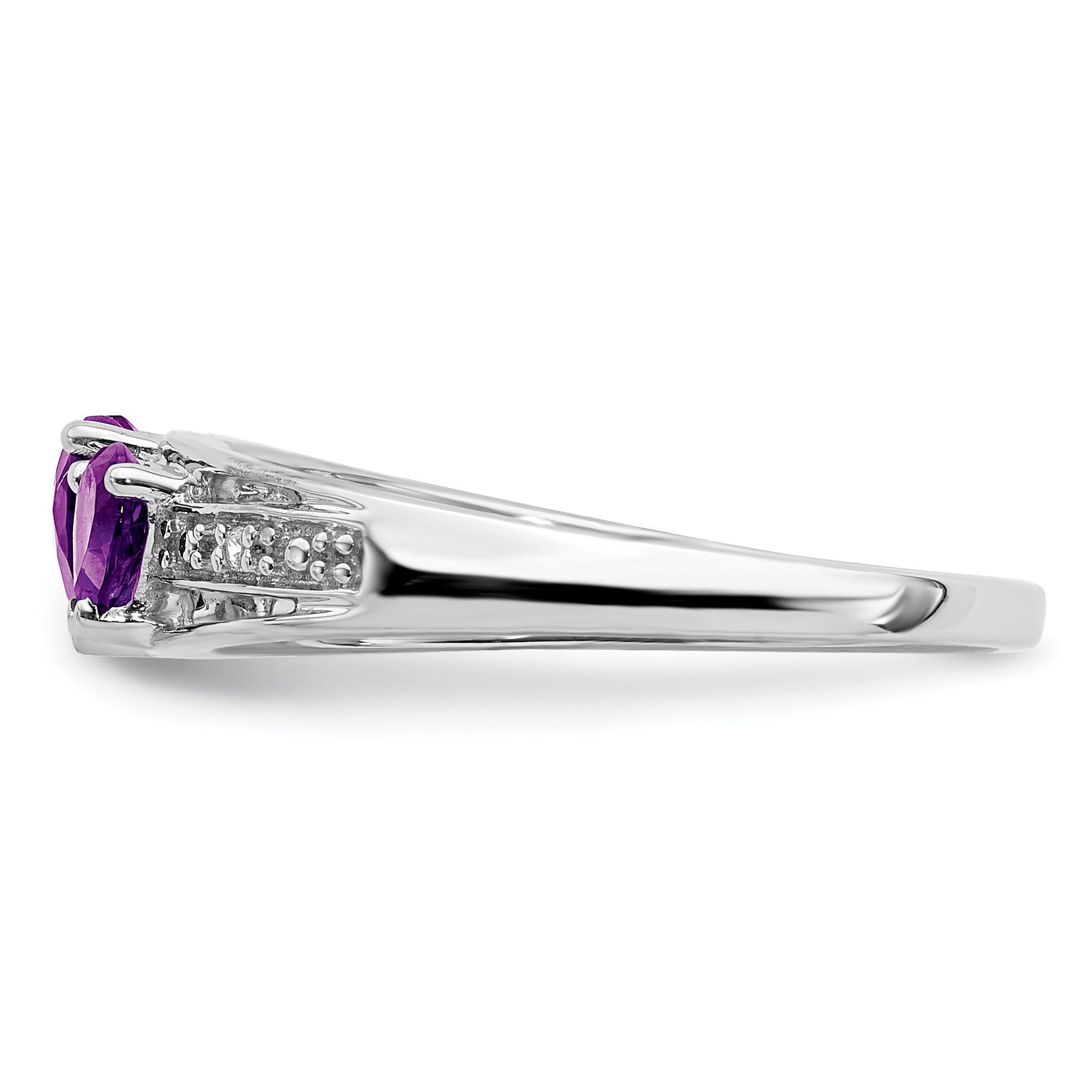 14k White Gold 5mm/4mm Heart Amethyst and Diamond 3-Stone Ring