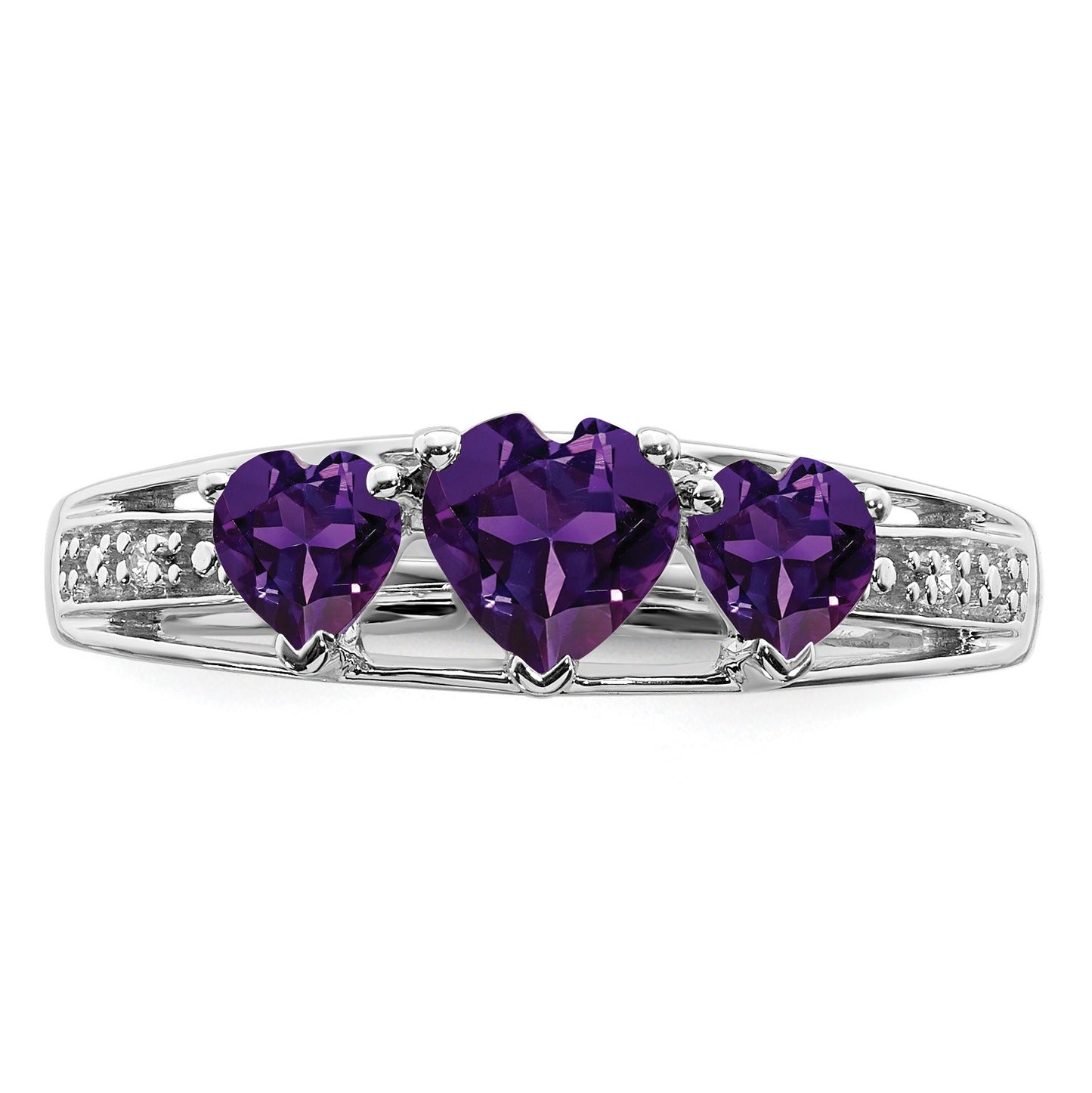 14k White Gold 5mm/4mm Heart Amethyst and Diamond 3-Stone Ring