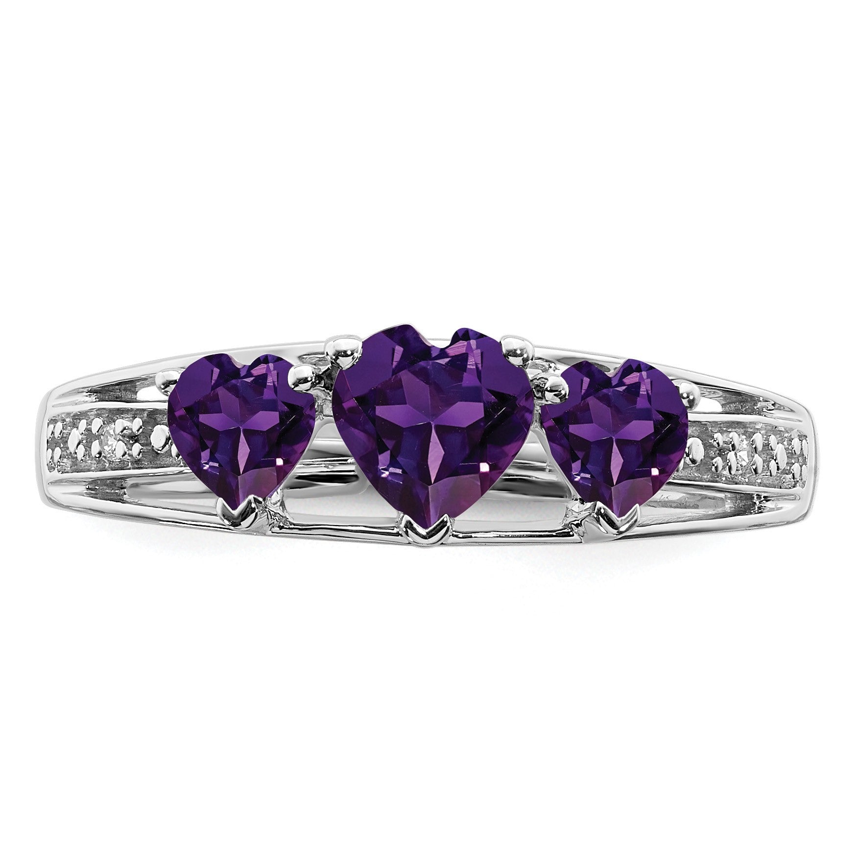 14k White Gold 5mm/4mm Heart Amethyst and Diamond 3-Stone Ring
