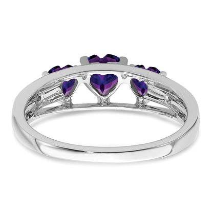 14k White Gold 5mm/4mm Heart Amethyst and Diamond 3-Stone Ring