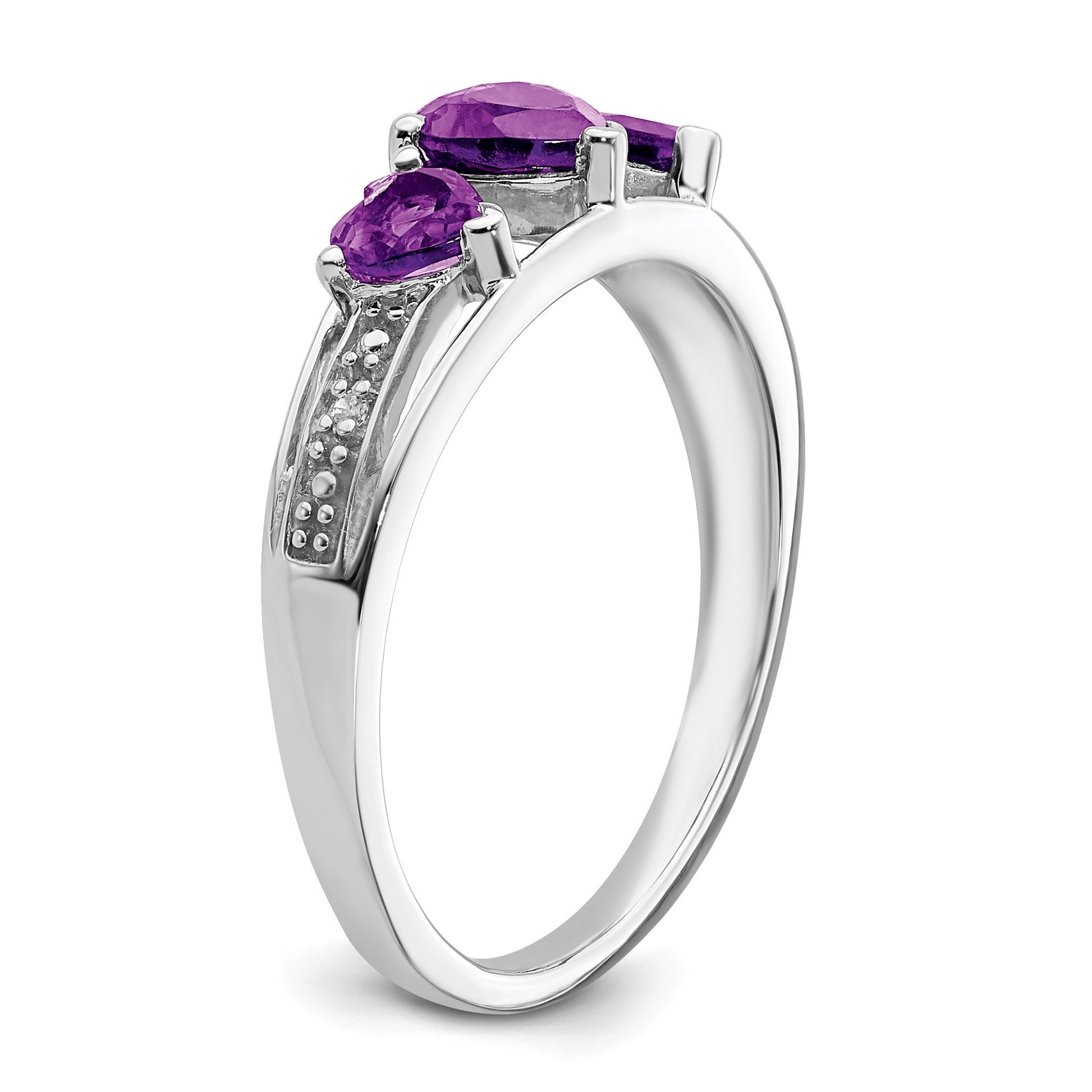 14k White Gold 5mm/4mm Heart Amethyst and Diamond 3-Stone Ring