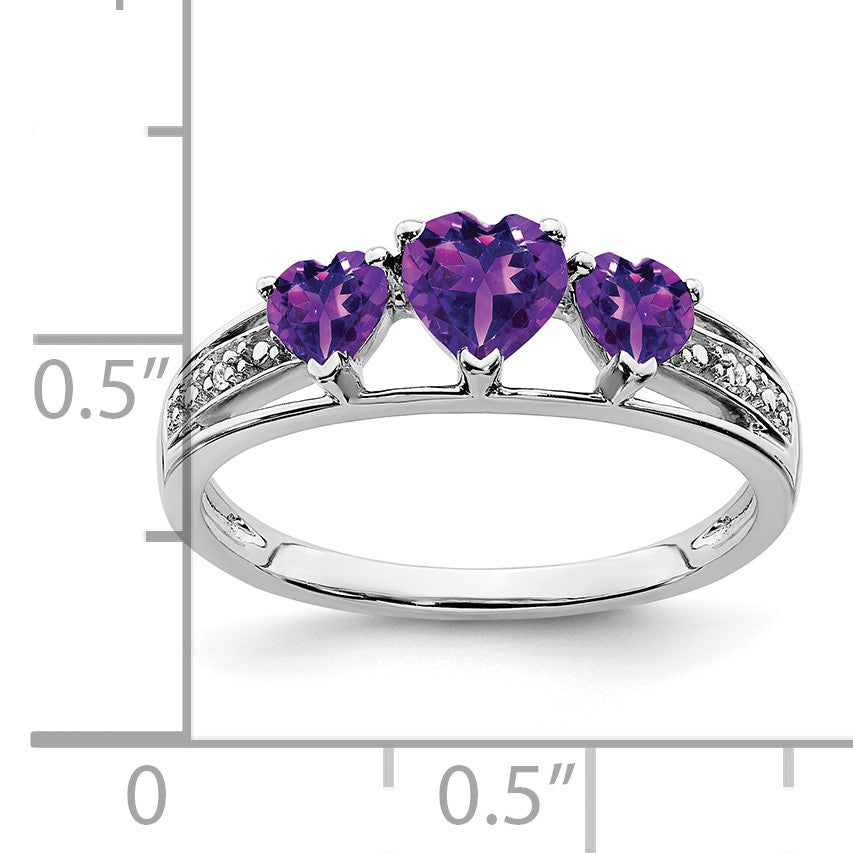 14k White Gold 5mm/4mm Heart Amethyst and Diamond 3-Stone Ring