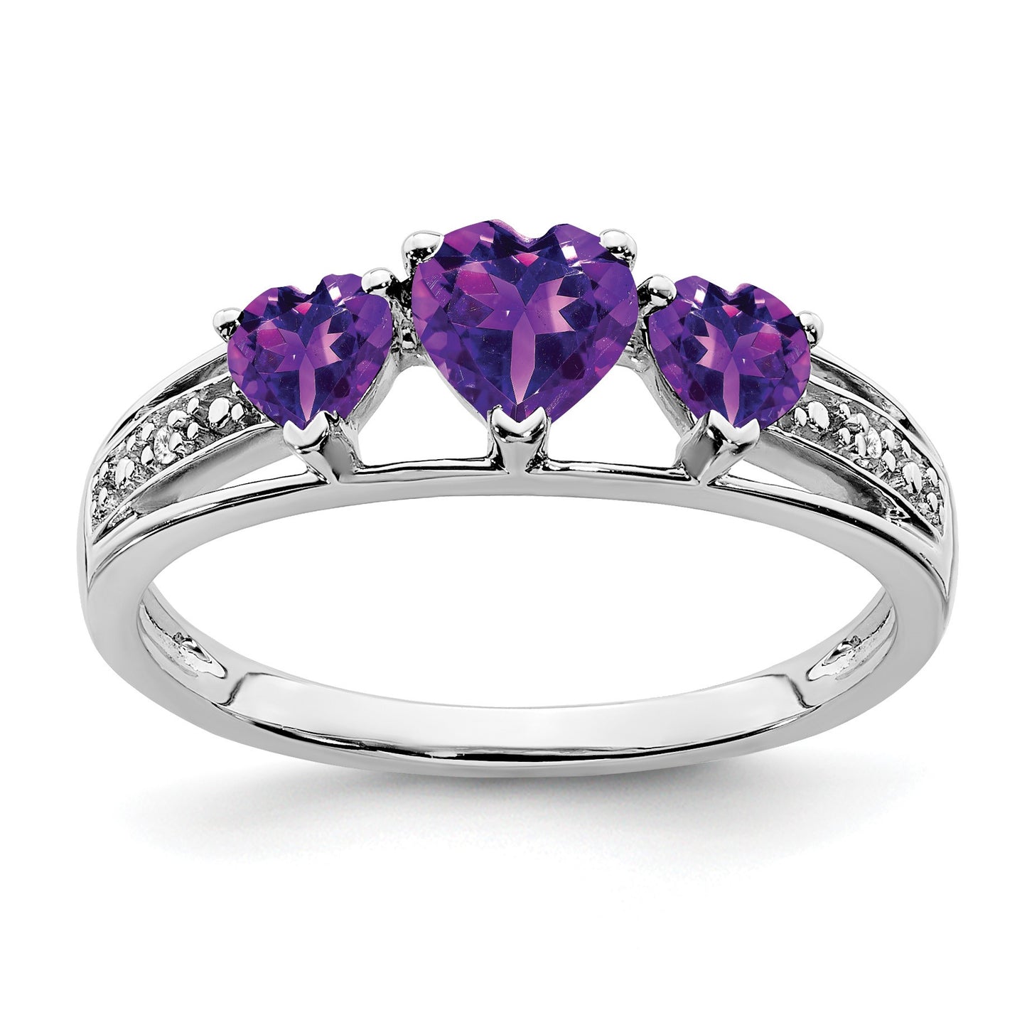 14k White Gold 5mm/4mm Heart Amethyst and Diamond 3-Stone Ring