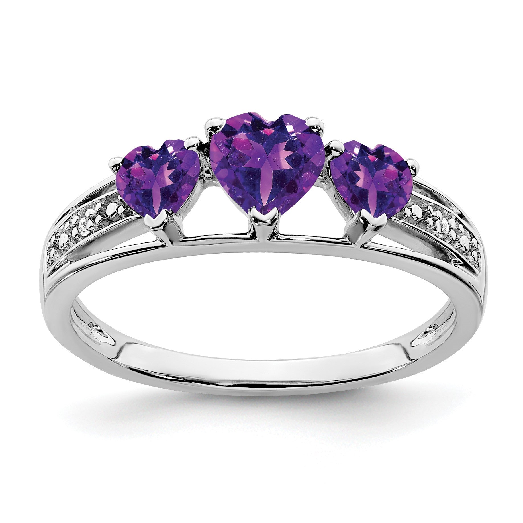 14k White Gold 5mm/4mm Heart Amethyst and Diamond 3-Stone Ring