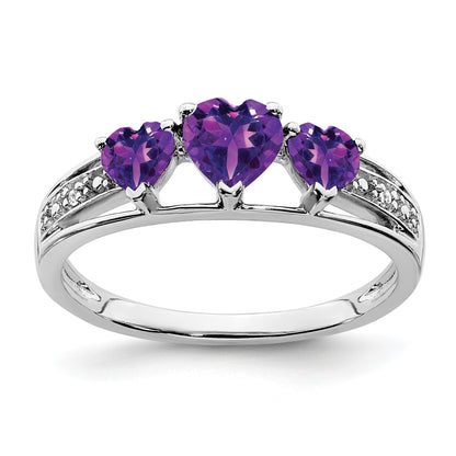 14k White Gold 5mm/4mm Heart Amethyst and Diamond 3-Stone Ring