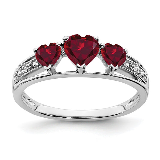 14k White Gold 4mm and 4mm Lab-Created Ruby and Diamond Heart 3-Stone Ring