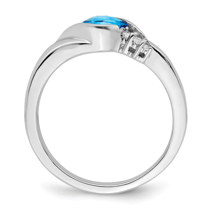 14k White Gold 5mm Cushion Blue Topaz and 1/20 carat Diamond Ring
