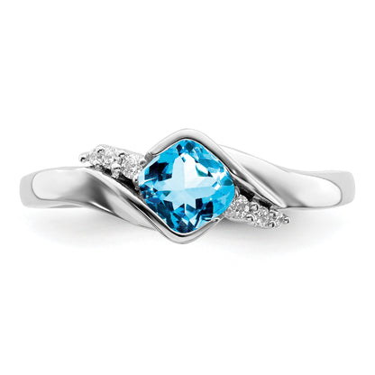 14k White Gold 5mm Cushion Blue Topaz and 1/20 carat Diamond Ring