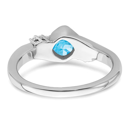 14k White Gold 5mm Cushion Blue Topaz and 1/20 carat Diamond Ring