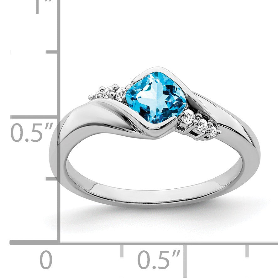 14k White Gold 5mm Cushion Blue Topaz and 1/20 carat Diamond Ring