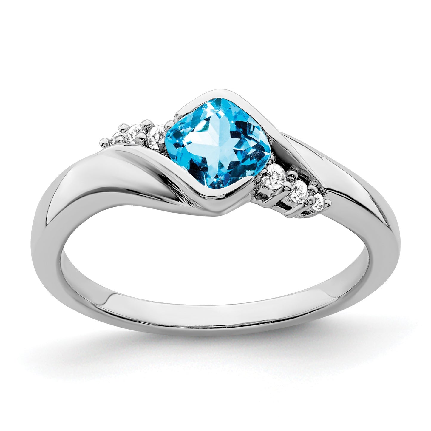 14k White Gold 5mm Cushion Blue Topaz and 1/20 carat Diamond Ring